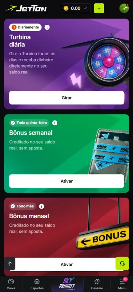 Página de bônus da Jetton com três cartões: Turbina diária com o botão Girar, Bônus semanal com a etiqueta Toda quinta-feira e o botão Ativar, e Bônus mensal com a etiqueta Todo mês