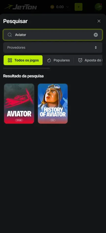 Janela Pesquisar da Jetton com Aviator digitado e dois resultados: a capa vermelha do Aviator, da Spribe, e History of Aviator, da DLV