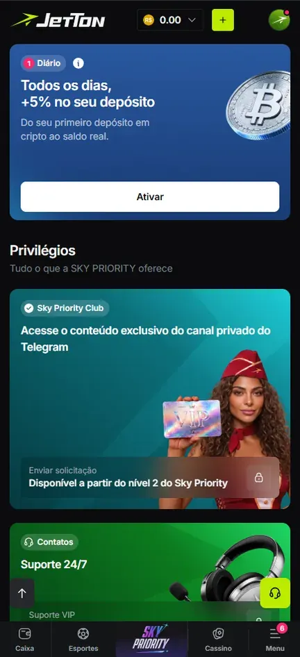 Tela do Sky Priority da Jetton com o cartão Todos os dias +5% no seu depósito e, em Privilégios, o Sky Priority Club com acesso ao canal privado do Telegram e o aviso Disponível a partir do nível 2