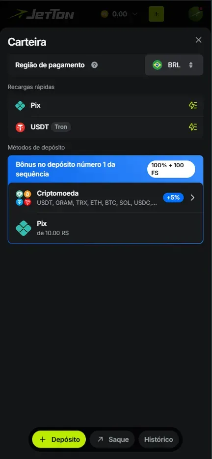 Carteira da Jetton na aba Depósito: Região de pagamento BRL, Recargas rápidas com Pix e USDT Tron, faixa de bônus do depósito número 1 e métodos Criptomoeda e Pix de 10,00 R$