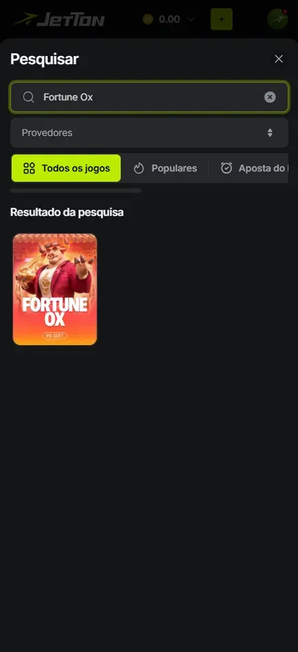 Janela Pesquisar da Jetton com Fortune Ox digitado e um único resultado, a capa do touro da PG Soft