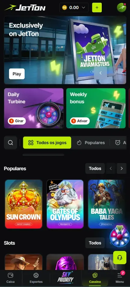Tela inicial da Jetton no celular: saldo 0.00 em reais no topo, banner Exclusively on JetTon com botão Play, cards Daily Turbine com Girar e Weekly bonus com Ativar, abas Todos os jogos e Populares, fileira Populares e barra inferior com Caixa, Esportes, Sky Priority, Cassino e Menu