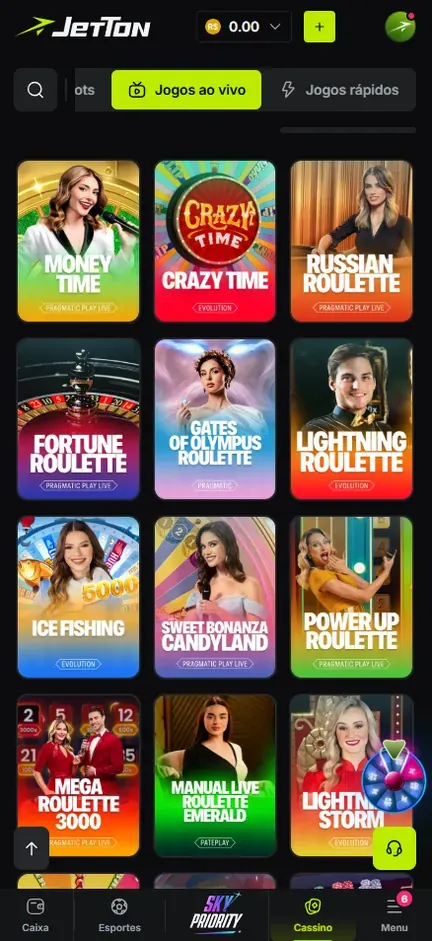 Aba Jogos ao vivo da Jetton com doze capas: Money Time, Crazy Time, Russian Roulette, Fortune Roulette, Gates of Olympus Roulette, Lightning Roulette, Ice Fishing, Sweet Bonanza Candyland, Power Up Roulette, Mega Roulette 3000, Manual Live Roulette Emerald e Lightning Storm