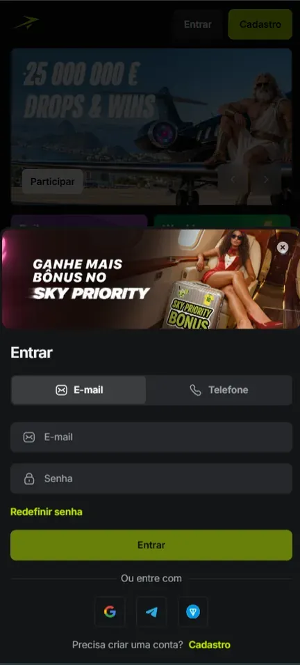 Formulário Entrar da Jetton sob o banner Ganhe mais bônus no Sky Priority, com abas E-mail e Telefone, campos E-mail e Senha, link Redefinir senha, botão Entrar e ícones Google, Telegram e TON