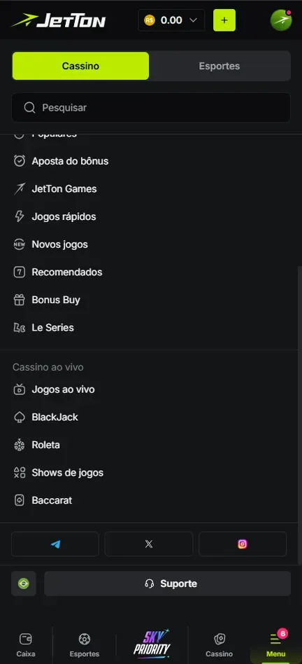 Menu da Jetton rolado até o bloco Cassino ao vivo, com Jogos ao vivo, BlackJack, Roleta, Shows de jogos e Baccarat, ícones de Telegram, X e Instagram e o botão Suporte