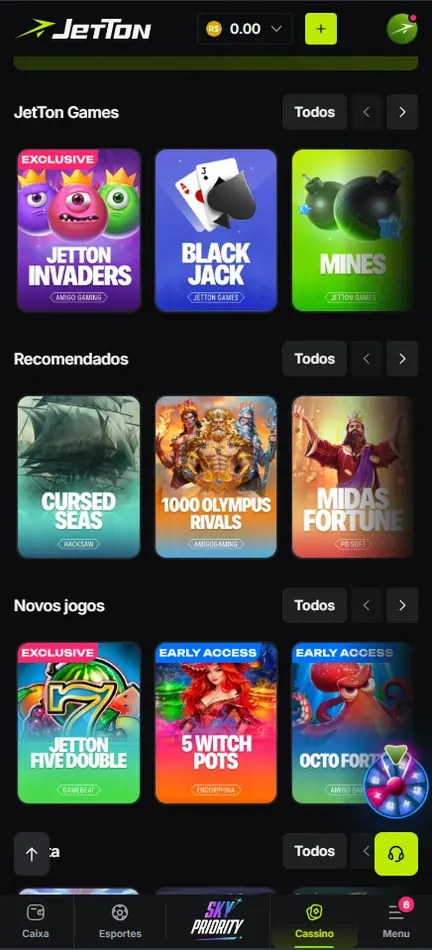 Faixas JetTon Games, Recomendados e Novos jogos do lobby da Jetton, com Jetton Invaders, Black Jack, Mines, Cursed Seas, 1000 Olympus Rivals, Midas Fortune, Jetton Five Double e 5 Witch Pots