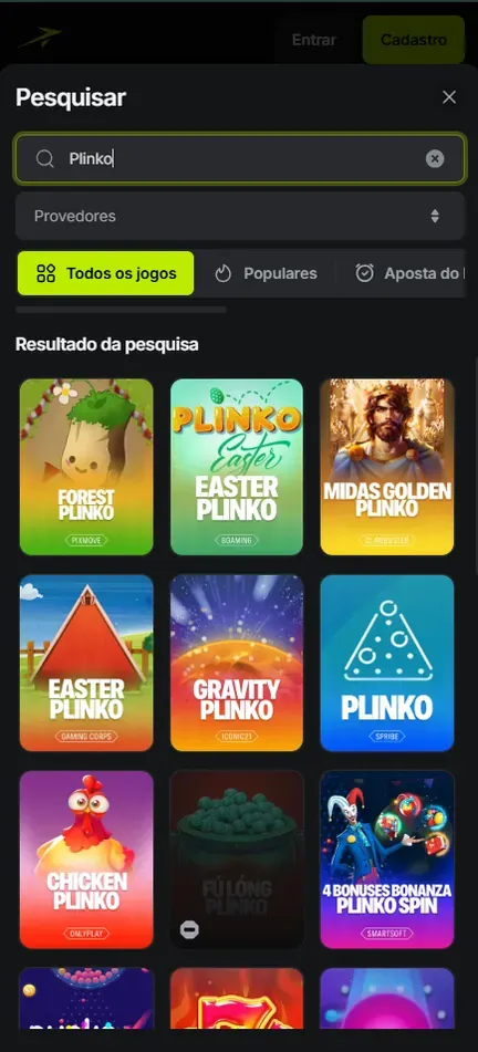Resultado da lupa da Jetton para Plinko com capas de Pixmove, BGaming, Gaming Corps, Iconic21, Spribe, OnlyPlay e Smartsoft
