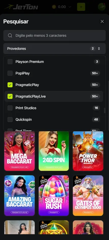 Janela Pesquisar da Jetton com a lista Provedores aberta, PragmaticPlay e PragmaticPlayLive marcados e a contagem de jogos ao lado de cada estúdio