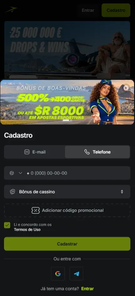 Tela Cadastro da Jetton com a aba Telefone ativa: campo de número com seletor de país, banner de boas-vindas 500% mais 400 giros e o restante do formulário igual ao da aba E-mail