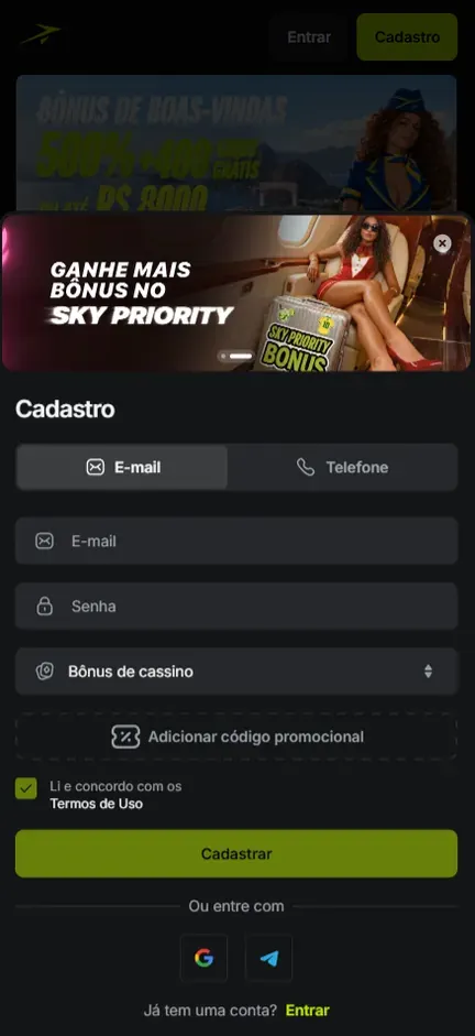 Formulário de cadastro da Jetton com o botão de borda pontilhada Adicionar código promocional logo abaixo do seletor Bônus de cassino e acima da caixa dos Termos de Uso