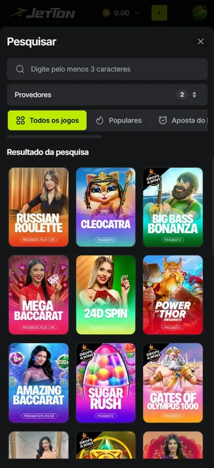 Resultado da pesquisa da Jetton com dois estúdios marcados, mostrando Russian Roulette, Cleocatra, Big Bass Bonanza, Mega Baccarat, 24D Spin, Power of Thor Megaways, Amazing Baccarat, Sugar Rush e Gates of Olympus 1000