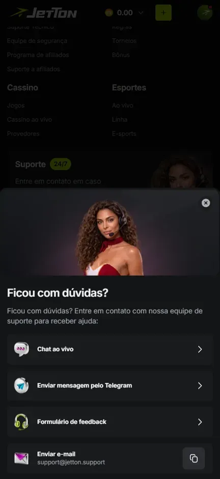 Janela de ajuda da Jetton com a opção Enviar mensagem pelo Telegram entre o Chat ao vivo e o Formulário de feedback, além do e-mail support@jetton.support