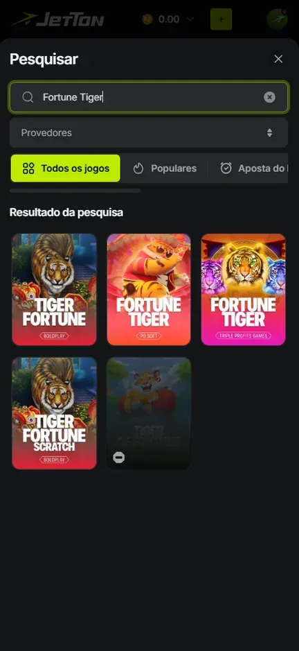 Janela Pesquisar da Jetton com Fortune Tiger digitado e cinco capas: Tiger Fortune, Fortune Tiger da PG Soft, Fortune Tiger da Triple Profits Games, Tiger Fortune Scratch e uma capa esmaecida