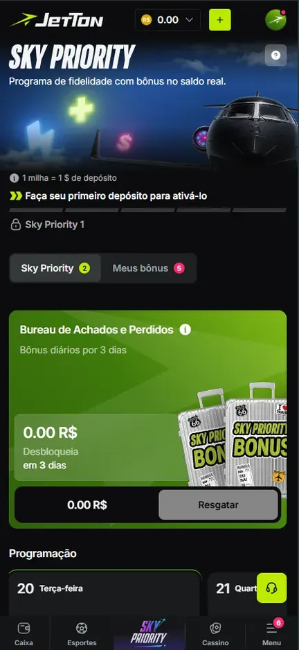 Tela Sky Priority da Jetton com a frase Programa de fidelidade com bônus no saldo real, a regra 1 milha = 1 $ de depósito, as abas Sky Priority e Meus bônus e o cartão Bureau de Achados e Perdidos