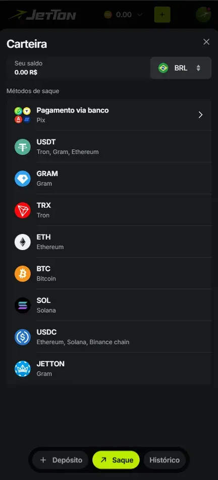 Carteira da Jetton aberta em Métodos de saque, com saldo 0.00 R$, seletor BRL e as opções Pagamento via banco (Pix), USDT, GRAM, TRX, ETH, BTC, SOL, USDC e JETTON, e os botões Depósito, Saque e Histórico embaixo